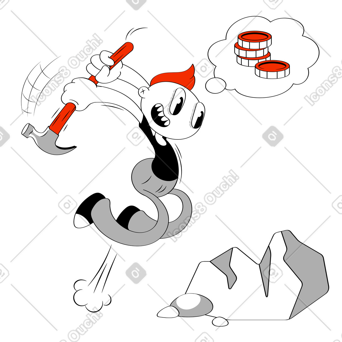 Man hunting for treasure by breaking rocks with pickaxe illustration in Looney style download in PNG, SVG