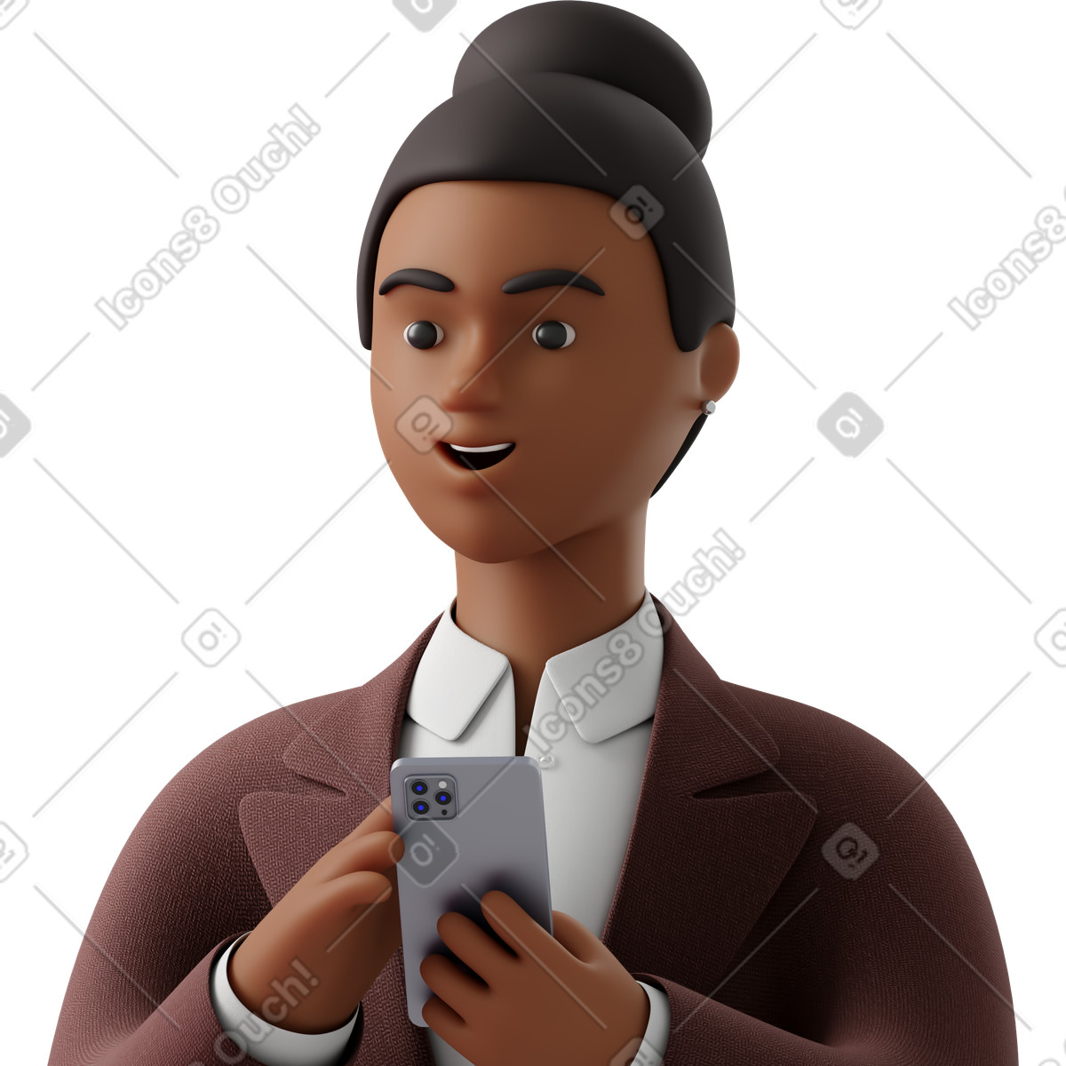 Illustration Close up of black businesswoman in brown suit with phone looking aside dans le style 3D Business à télécharger aux formats PNG, SVG