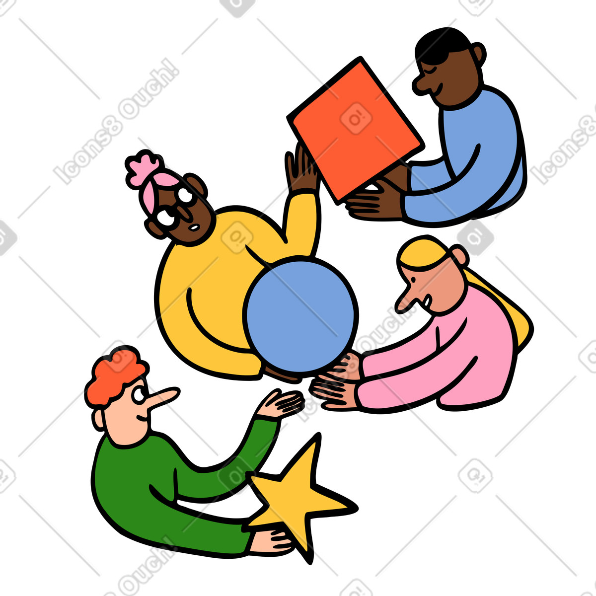 Team members passing geometric shapes to each other illustration in Comic style download in PNG, SVG
