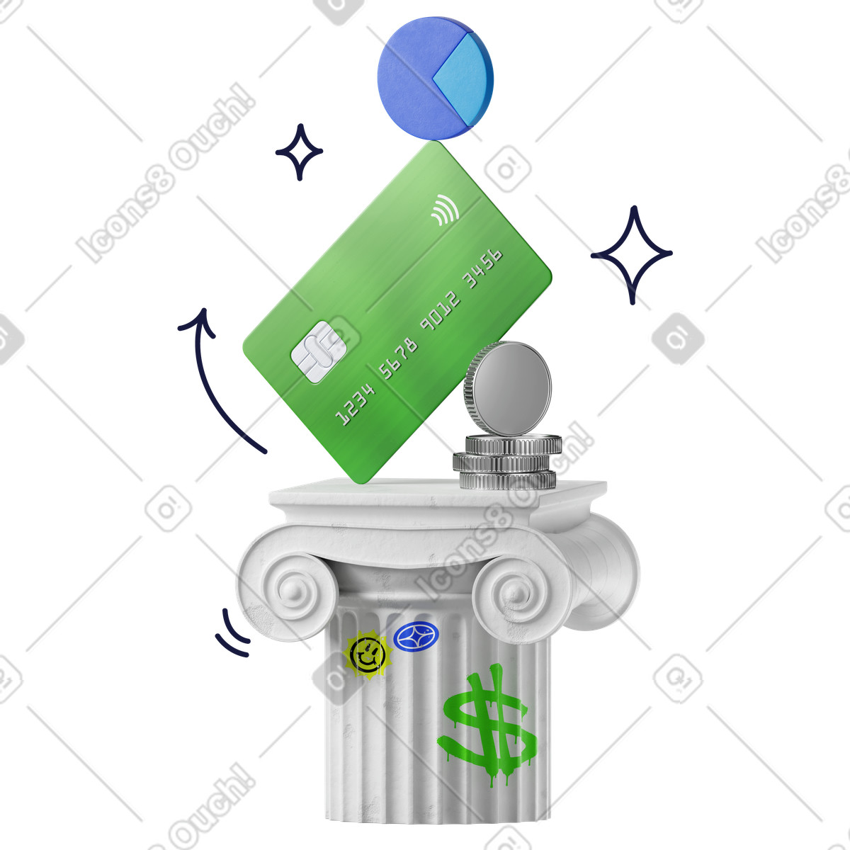 Ilustração animada de Cartão bancário em pedestal mármore, serviços bancários digitais e orçamento. no estilo 3D Surfaced para baixar GIF, Lottie (JSON), AE