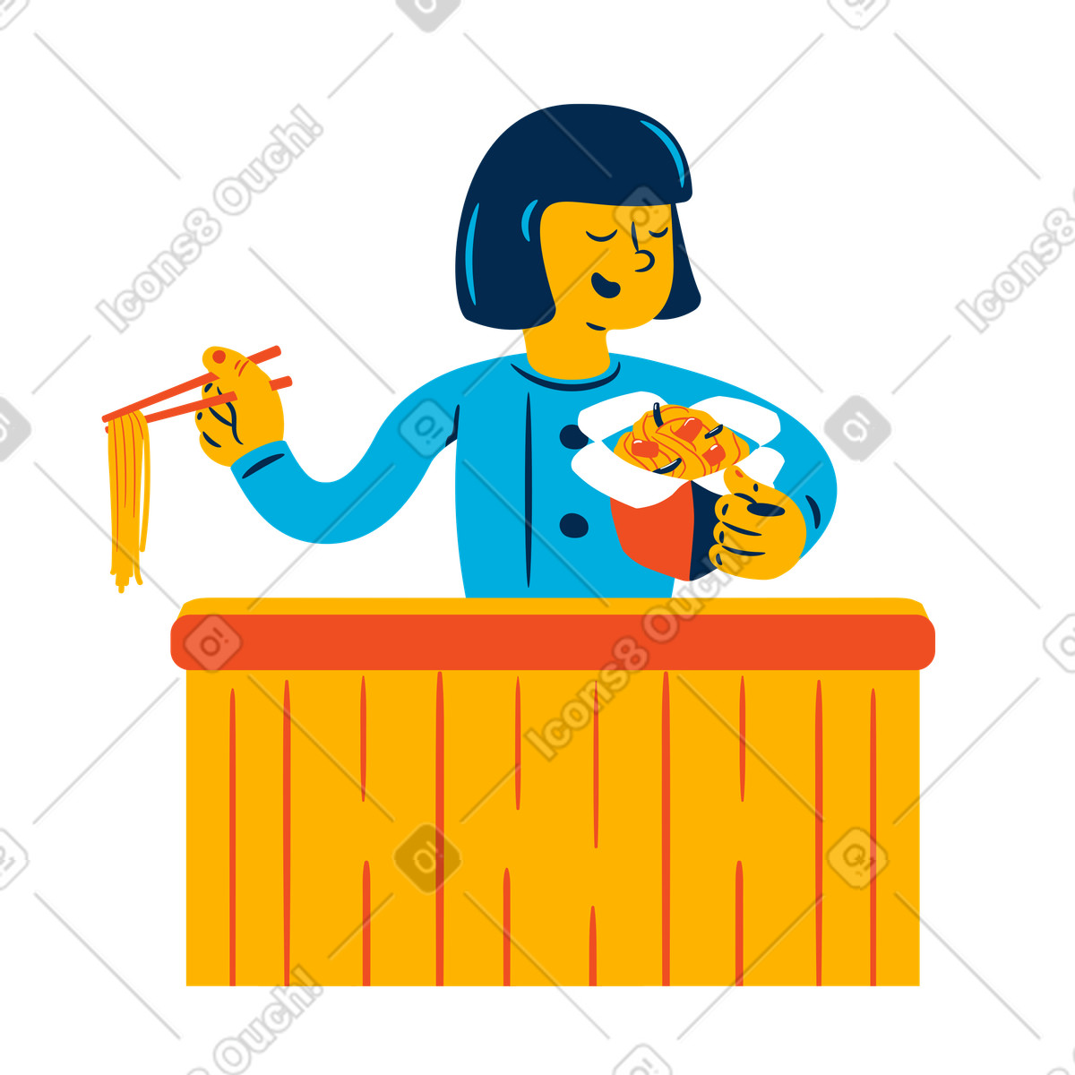 Ilustração de Mulher come macarrão em no estilo Flame para baixar em PNG, SVG