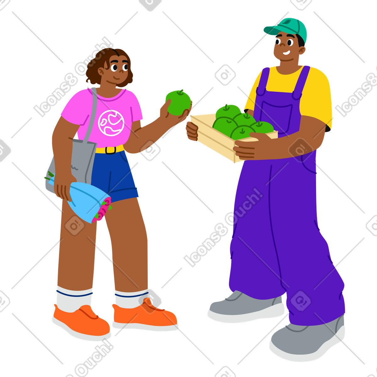 Illustration Femme achetant de la nourriture sur un marché producteurs respectueux l'environnement dans le style Active à télécharger aux formats PNG, SVG
