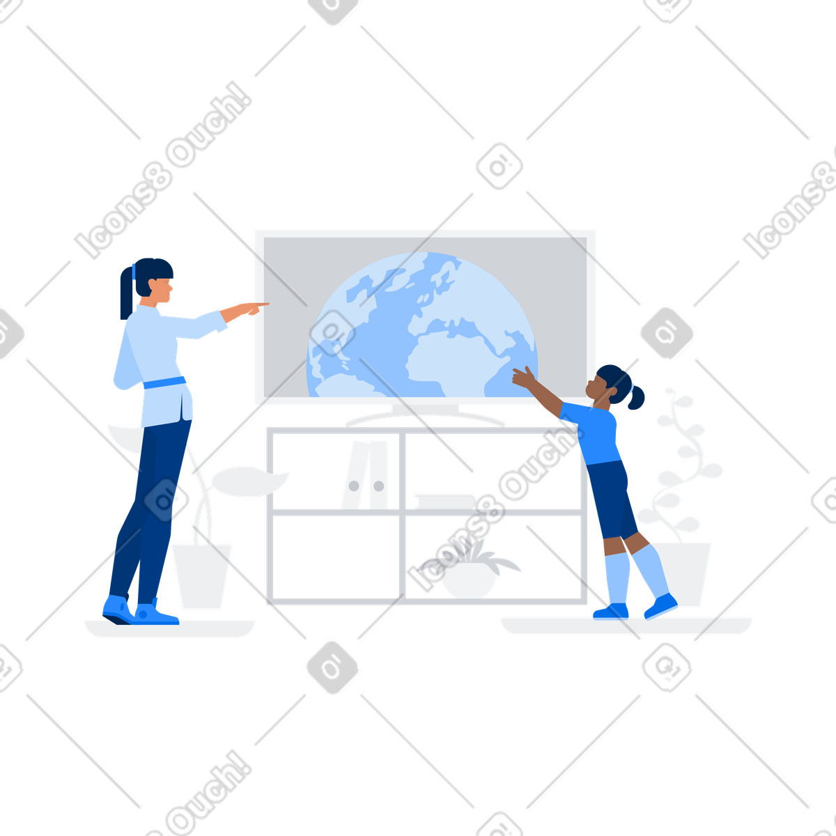 Ilustración Teacher and child pointing at globe on screen, Interactive geography lesson en estilo Urban a descargar en PNG y SVG