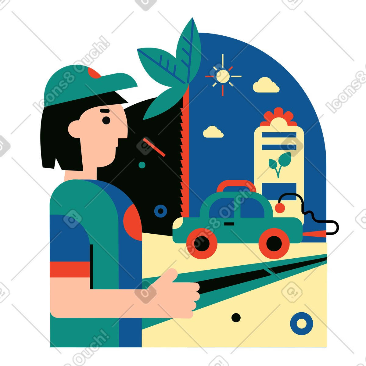 Man refueling a car with eco-fuel illustration in Polar style download in PNG, SVG
