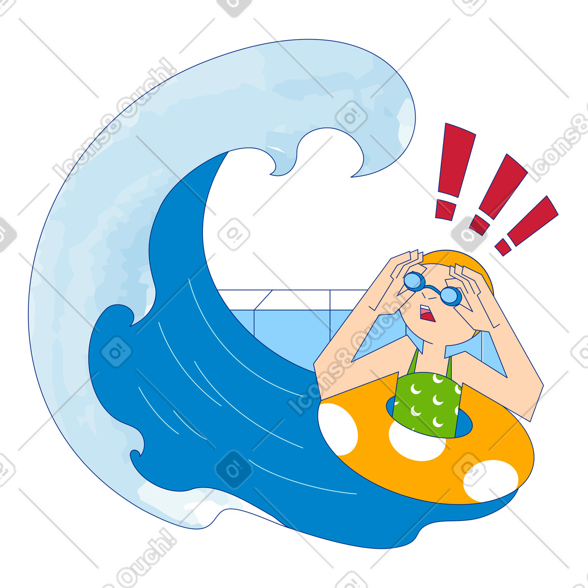 Swimmer in swim ring surprised by giant wave illustration, error concept clipart graphics in SVG GIF