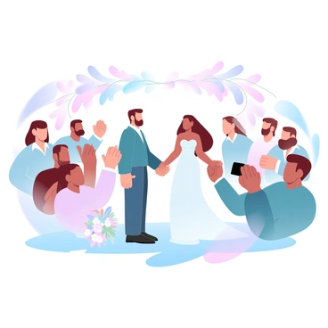 A wedding photographer is focused on capturing candid moments of a couple surrounded by friends and family. The couple stands in the center, gently holding hands and looking at each other. Friends and family members are gathered around them, smiling and celebrating. Colorful decorations, including floral arrangements and ribbons, are visible in the background. A soft glow of natural light enhances the warmth of the scene, creating a joyful atmosphere. The photographer is positioned at a slight distance, ready to capture the happiness of the moment.