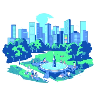 A blue bustling cityscape stretches across a flat Earth, featuring a variety of tall modern buildings with glass facades and vibrant signage. In the foreground, a green park is filled with lush trees and colorful flower beds, where people are enjoying the day. Some individuals are walking along pathways, while others are sitting on benches or picnicking on the grass. A few children are playing near a fountain that is surrounded by decorative stones. The sky above is clear, allowing sunlight to illuminate the lively scene below.