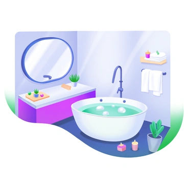 A hotel bathroom featuring a large soaking tub with a modern design, positioned elegantly in the center. The tub is filled with bubbles and surrounded by a few candles. Elegant marble countertops stretch along the walls, adorned with neatly arranged toiletries. A large mirror hangs above the countertop, reflecting the soft lighting of the space. Fresh towels are neatly stacked beside the tub, and a small potted plant adds a touch of green.