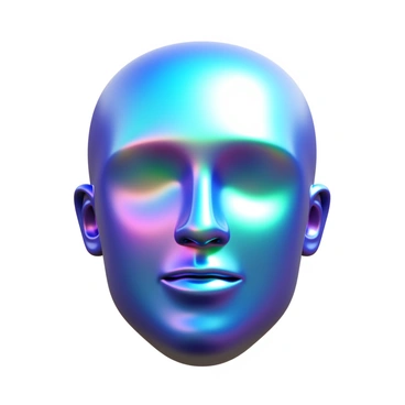 A face with a holographic effect, displaying a spectrum of iridescent colors. The features of the face are sharply defined, with smooth contours and a symmetrical structure. Light reflects off the surface, creating a dynamic play of colors that shift and change depending on the angle of view. Bright highlights and soft shadows enhance the three-dimensional appearance, emphasizing the unique texture of the holographic surface.