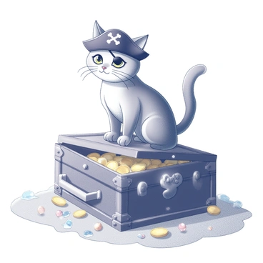 A cat wearing a pirate hat and an eyepatch is perched on top of a treasure chest. The cat has a confident stance, with its tail raised high. The treasure chest is adorned with metal accents and partially open, revealing gold coins and shining jewels spilling out. The sandy beach is textured with fine grains, and there are footprints leading up to the chest. In the background, there are hints of gentle waves lapping at the shore, creating a serene coastal scene.