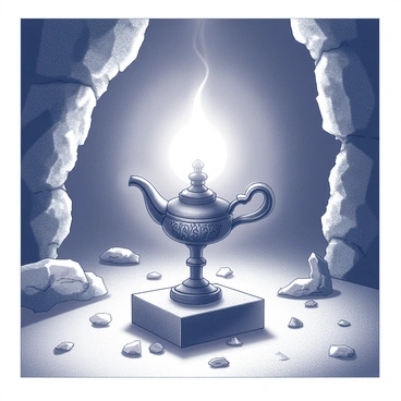 A magic lamp is positioned on a stone pedestal, its ornate design featuring intricate engravings and a curved spout. The lamp emits a soft, warm glow that illuminates the surrounding area. The cave walls are rugged and uneven, with texture and shadows highlighting the natural stone formations. Flickering shadows dance across the ground as the light from the lamp interacts with the dimly lit atmosphere. Small crystals jut out from the cave walls, catching the glow and reflecting it gently.