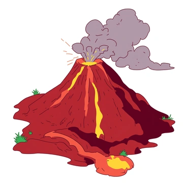 A red volcano is erupting vigorously, with bright orange lava flowing down its sides. Thick plumes of grey ash and smoke are billowing into the air, creating a dramatic contrast against the volcanic landscape. Surrounding the volcano are rocky terrains, with scattered patches of green vegetation struggling to survive the heat. In the background, the sky is filled with dark clouds, hinting at the chaotic nature of the eruption. The scene captures the intense energy and power of the natural phenomenon.