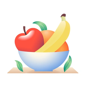 A bowl is filled with assorted fruits, including an apple, banana, and orange. Each fruit is vividly colored using illustration markers. The apple is a bright red with a shiny finish, the banana is a rich yellow with subtle shading, and the orange has a warm, vibrant hue. The bowl itself is a simple ceramic design, and it sits on a light wooden table. There are also some small green leaves scattered around the fruits, adding a touch of freshness to the composition.