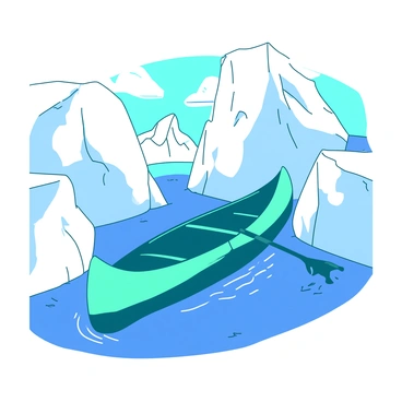 A teal canoe is gliding through a maze of towering white icebergs. The icebergs rise dramatically from the water, their surfaces glistening under the sunlight. The water around the canoe is a deep blue, reflecting the colors of the ice. There are gentle ripples emanating from the canoe as it smoothly navigates the narrow passages between the ice formations. In the distance, more icebergs can be seen, hinting at the vastness of the icy landscape. The scene conveys a sense of adventure and exploration in a stark, beautiful environment.