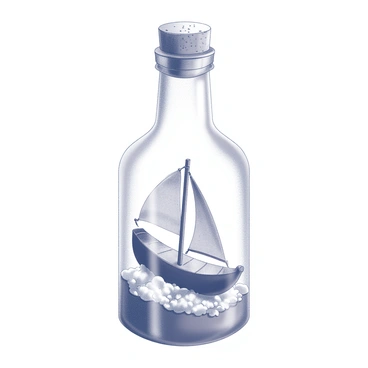 A detailed miniature model of a banana boat is placed inside a glass bottle. The banana boat features a curved hull, with sails raised, indicating it is ready for adventure. The miniature sails are intricately designed, showcasing tiny patterns. Inside the bottle, the surrounding scene includes small waves represented by textured white surfaces. The bottle itself has a cork stopper at the top, sealing the boat inside. Light is refracted through the glass, creating reflections on the surface.