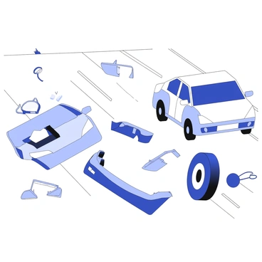 An illustration showing scattered car parts on the road after a minor crash, emphasizing the aftermath.