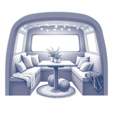 The interior of a VW bus transformed into a living space. The walls are lined with soft fabric in intricate patterns, creating a cozy atmosphere. There is a seating area with plush cushions scattered across the benches. A small wooden table is positioned in the center, surrounded by plants in hanging pots, adding an organic touch. The light fixtures consist of fairy lights wrapped around the ceiling, creating a warm glow. Various textiles, such as blankets and tapestries, are draped over furniture, enhancing the bohemian feel. A vintage rug covers the floor, completing the inviting ambiance of the space.