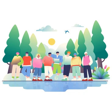 Seven BTS members are gathered together in a lush natural setting. They are standing close to a calm lake surrounded by tall, green trees. The sky is clear with soft clouds floating by. Each member is dressed casually in comfortable clothing suitable for a retreat. The sun is shining, casting gentle reflections on the water's surface. In the background, there are vibrant flowers blooming and a few birds can be seen flying above the trees.