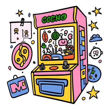 A gacha machine with a colorful exterior, designed to resemble an 80s arcade game, is prominently displayed. The machine features bright neon colors and pixelated patterns. Inside the machine, various retro-themed collectibles are visible, including miniature arcade game characters, vibrant keychains, and classic toy figurines. The background is decorated with elements that evoke nostalgia, such as retro game posters and pixel art, enhancing the overall 80s arcade atmosphere.
