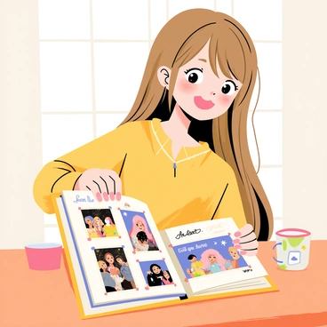 An idol with long, flowing hair and a bright smile is sitting at a cozy wooden table. She is looking intently at a colorful scrapbook in front of her. The scrapbook has a thick, textured cover with a decorated frame. As she turns the pages, vibrant photos and handwritten notes are visible, showcasing special moments from her life. Some photos feature her performing on stage, while others capture candid moments with friends and fans. A soft, warm light illuminates the scene, highlighting her expressions of nostalgia and happiness. A small cup of tea sits beside the scrapbook, adding to the inviting atmosphere.