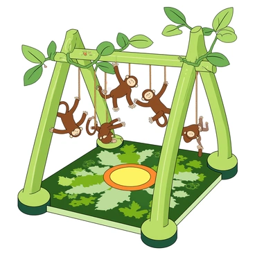 A colorful baby gym with a vibrant jungle theme. The frame of the gym is made of sturdy green plastic, resembling tree branches. Hanging from the frame are several plush monkeys, each with different expressions, swinging playfully. There are large soft leaves in various shades of green, attached at different heights, creating a lush canopy above. The gym's mat is designed with a patchwork of jungle animals and plants, providing a soft surface for a baby to play on. In the center, there is a bright yellow sun motif, adding a cheerful touch to the scene.