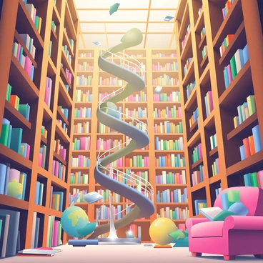 A large, enchanting library is filled with towering wooden shelves stacked with books of various sizes and colors. Some books are mid-air, gently swirling around as if they are alive, while others are just about to lift off from their resting places. The library's warm, golden lighting creates a cozy atmosphere, illuminating the intricate details of the ornate shelves. A few books are open, their pages fluttering as if they are whispering secrets to each other. There are winding staircases leading to upper levels, and plush reading nooks scattered throughout, inviting readers to explore the magic within. A soft glow emanates from a corner where an ancient globe sits, adding to the library's mystique.