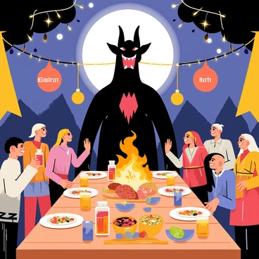 A Balrog invited to a village feast as a guest of honor under the full moon