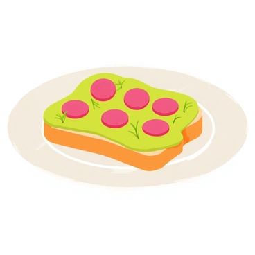 A white ceramic plate holds a beautifully arranged avocado toast. The toast is topped with a vibrant green layer of smashed avocado, which is neatly spread to cover the surface. Thinly sliced red radishes are evenly placed on top, their bright color contrasting with the green avocado. Sprouts are delicately scattered over the toast, adding a touch of freshness. The background features a subtle texture that enhances the focus on the plate and its contents.