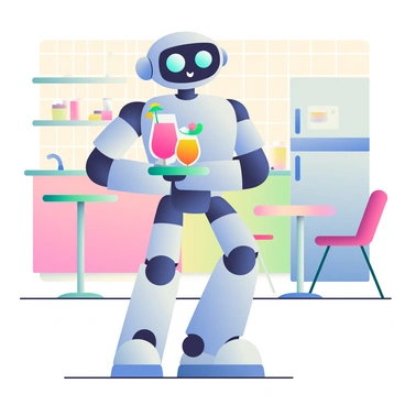 A sleek, metallic robot butler with shiny chrome accents is standing in a modern kitchen that features retro elements. The robot has a friendly expression, with glowing blue eyes and articulated arms. It is holding a tray with several colorful drinks, including a tall glass filled with a vibrant pink beverage and a small cocktail with an umbrella. The kitchen walls are adorned with vintage-style tiles in pastel colors, and there is a classic refrigerator in the background. A round table with retro-style chairs is set nearby, completing the futuristic yet retro-themed ambiance.