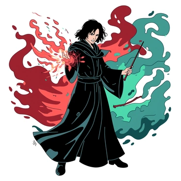 A dark-haired wizard with an intense expression, dressed in flowing black robes, is positioned in the midst of a dramatic duel. He is holding a wand, pointed forward as he casts powerful spells, creating vibrant energy around him. The scene is illuminated with a contrasting glow, showcasing the intensity of the magic being unleashed. In the background, swirling colors of red and teal energy intertwine, highlighting the chaos of the duel. His stance is firm, showcasing both determination and skill as spells burst forth from his wand, illuminating the surrounding area.