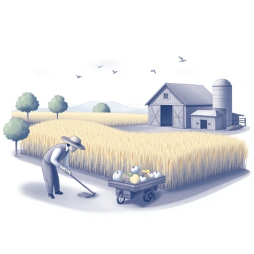 A farm scene during harvest season. The landscape features large open fields filled with ripe crops, ready for gathering. In the foreground, a farmer wears a straw hat, using a scythe to cut down the tall golden grains. Nearby, a wooden cart is filled with freshly harvested produce, such as pumpkins and apples. A small barn stands to one side, with a weathered wooden facade and a slanted roof. Scattered around the farm are green trees and a clear blue sky, indicating a bright and sunny day. Birds can be seen flying overhead, adding to the lively atmosphere of the scene.