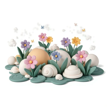 A whimsical garden filled with various flowers blooming from an assortment of shells. The shells include large conch shells, smooth round pebbles, and spiraled snail shells, each uniquely shaped and textured. Colorful flowers in vibrant hues such as pink, yellow, and purple emerge from these shells, their petals unfurling in the sunlight. Lush green leaves surround the shells, adding depth and contrast to the scene. Delicate butterflies flutter around the flowers, and the garden is dappled with shafts of sunlight filtering through the trees above.