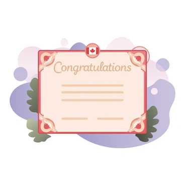 A digital flat illustration depicting a "Graduation Certificate" in the center. The certificate has ornate borders featuring "maple leaves" and "circular designs" inspired by Indigenous art. At the top of the certificate, there is a prominent "Canadian flag" emblem. In the background, subtle outlines of "mountains" and "a pine tree" are visible. The text on the certificate is written in elegant font, with the words "Congratulations" prominently displayed in a gold color. The overall color scheme is a harmonious blend of red, white, and green, representing Canadian themes.