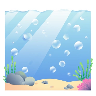 An underwater scene captures the ocean floor where numerous carbon dioxide bubbles are rising to the surface. The bubbles vary in size and create a series of shimmering reflections in the water. Surrounding the bubbles, there are patches of soft sand and clusters of small rocks. Delicate marine plants sway gently with the ocean currents nearby, adding vibrant greens against the sandy bottom. Sunlight filters down through the water, creating a beautiful play of light and shadow above the bubbles.