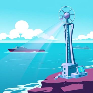 A coastal radar station made of sleek metallic structures is positioned on a rocky shoreline. It features large rotating antennas atop a tall tower, sending out beams of light that scan the vast ocean for approaching ships. The ocean is a deep blue, with gentle waves reflecting the sunlight. In the distance, a few ships can be seen, their silhouettes outlined against the horizon. The sky is a bright azure, dotted with fluffy white clouds. The radar station includes various technical equipment and displays, indicating the active monitoring of maritime activities.