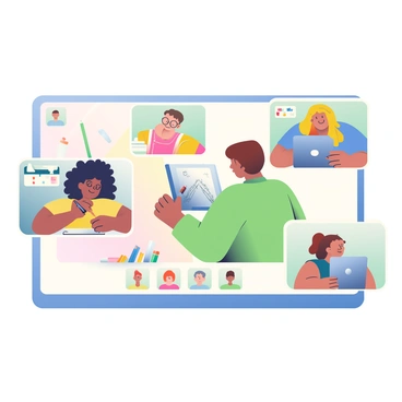 A virtual illustration class in progress, with students and an instructor on-screen