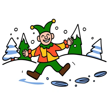 A jester with a colorful costume, featuring bright red, green, and yellow patterns, is joyfully skipping through a snowy landscape. His outfit has pointed sleeves and a matching jester hat with bells that jingle as he moves. He is leaving distinct footprints in the fresh white snow behind him. There are snow-covered trees in the background, and snowflakes are gently falling from the sky. The jester has a wide smile on his face, expressing happiness and playfulness.