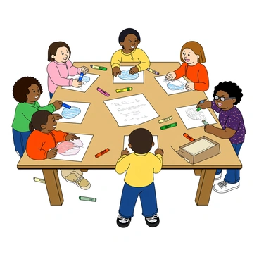 A large wooden table is covered with colorful sheets of paper. Several children with different skin tones are gathered around the table, each focused on their artwork. One child with curly hair is using a bright blue crayon, while another child with straight hair is selecting a green marker from a nearby box. A third child, who has glasses, is carefully coloring in a large drawing with a red crayon. Various crayons and markers in a rainbow of colors are scattered across the table. Some children are chatting and laughing while others are deeply concentrating on their drawings.