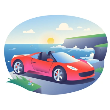 A sleek luxury sports car with a shiny red exterior is parked at the edge of a cliff. The car has aerodynamic lines and large alloy wheels that gleam in the sunlight. In the background, the vast ocean stretches out, with waves crashing against the rocky shoreline. The sky above is a clear blue, with a few fluffy white clouds scattered. The cliff is adorned with patches of green grass and small wildflowers, adding contrast to the scene. The sun is setting on the horizon, casting warm golden light over the entire landscape.