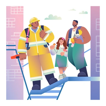 A firefighter wearing a bright yellow helmet and a protective jacket is guiding a family down a metal fire escape in a city setting. The firefighter has short black hair and is holding a red safety flashlight in one hand. The family consists of a woman with long brown hair, holding the hand of a young girl with pigtails, and a man with a beard who is carrying a small dog in his arms. The fire escape is surrounded by brick buildings, with smoke billowing in the background. The scene captures urgency as the family moves carefully down the stairs.