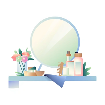 A vanity table is set against a light-colored wall, featuring a variety of eco-friendly beauty products displayed neatly. There are glass bottles with wooden caps containing organic serums and lotions, and a bamboo comb resting beside them. On the table, there is a small mirror reflecting the soft natural light. Fresh flowers in pastel shades are arranged in a simple glass vase, bringing color and life to the scene. A few green leaves are scattered around the products, complementing the eco-friendly theme. A soft, textured cloth is draped across one corner of the vanity, adding an inviting touch.