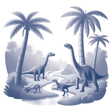 A prehistoric jungle filled with various dinosaur species. Tall trees with broad trunks and large leaves create a dense canopy overhead. Some dinosaurs, such as a long-necked sauropod and a small, agile raptor, can be seen interacting playfully among the foliage. The ground is dotted with ferns and low shrubs. A river winds through the background, reflecting the shapes of the surrounding vegetation. The scene captures the lively atmosphere of the dinosaurs' habitat.