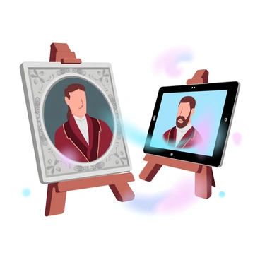 An old portrait painting morphing into a digital version on a tablet screen