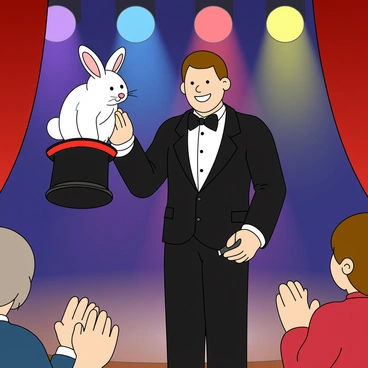 A magician wearing a classic black tuxedo with a white shirt and a black bow tie is on stage. He has a top hat in one hand and is pulling a small fluffy white bunny out of it. The rabbit looks surprised with its large ears perked up. The magician has a playful grin on his face, and a wand is tucked behind his ear. The stage has colorful spotlights shining down, illuminating the scene. There are a few excited audience members in the foreground, clapping their hands in amazement.