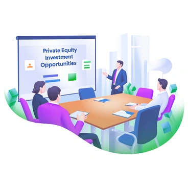 A modern pastel illustration of a sleek conference room featuring a long, polished wooden table surrounded by several professionals. The group consists of men and women dressed in business attire, engaged in a discussion. One person stands at the front, presenting information on a large screen displaying the words "Private Equity Investment Opportunities." The room is well-lit with minimalistic decor, including a few potted plants and a glass wall that provides a view of the city skyline outside. Notebooks and digital devices are placed on the table, showcasing an organized and collaborative atmosphere.