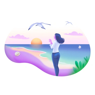 A person standing on a sandy beach, gazing thoughtfully at the distant horizon where the sky meets the ocean. The individual is silhouetted against the soft pastel colors of a sunset, with hues of pink, orange, and lavender blending in the sky. Gentle waves lap at the shore, and a few seashells are scattered in the foreground. The person's posture reflects contemplation, with the wind gently tousling their hair. In the background, seagulls soar across the sky, adding to the tranquil scene.