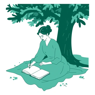 A teal Emily Dickinson is sitting on a blanket under a large leafy tree. She is writing in an open white notebook resting on her lap. Her hair is styled in a bun, and she wears a long, flowing dress. The tree's branches extend overhead, providing shade, and there are small white flowers scattered around her. A quill pen is in her right hand, and the sunlight filters through the leaves, creating dappled light on the ground.