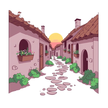 A narrow cobblestone path winds through a tranquil ancient village. On either side of the path stand rustic stone buildings, each with unique textures and shapes. The rooftops of the buildings are slightly worn, showing their age, while vibrant flowers are blooming in window boxes. The path is lined with small, lush green plants growing between the cobblestones. In the background, the sun is setting, casting a warm glow over the scene. A few small birds can be seen perched on the rooftops, contributing to the peaceful atmosphere.
