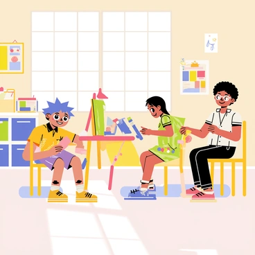 A bright classroom filled with colorful desks and art supplies. Students with a mix of cartoon features and illustrative details are engaged in various art projects. One student has spiky blue hair, bright eyes, and is painting a canvas with vibrant colors. Another student, with a whimsical dress and oversized glasses, is cutting colorful paper. The walls are adorned with children's artwork and posters, showcasing a lively and creative atmosphere. Sunlight streams through large windows, illuminating the space.