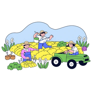 A group of farmers is harvesting crops in a field. Each farmer is wearing a straw hat and light-colored shirts. They are using traditional hand tools like scythes and baskets to collect the produce. The crops include rows of golden wheat and vibrant green vegetables. In the background, there are patches of wildflowers and a clear blue sky. A tractor is parked nearby, with a sign indicating it uses eco-friendly fuel.